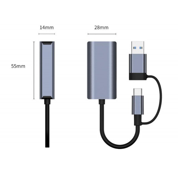 Adaptador USB 3.0 / Tipo C  a LAN Ethernet 10/100/1000Mbps BYL-2207